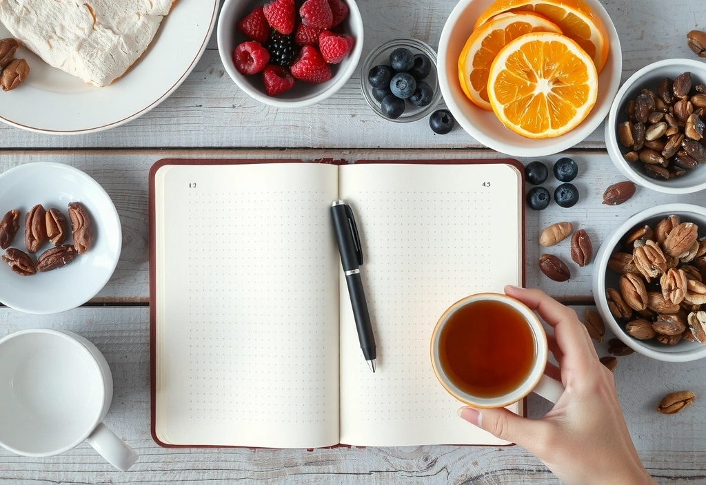 Ein offenes Notizbuch mit einem Stift und einer Tasse Tee auf einem Holztisch, umgeben von gesunden Snacks wie Beeren, Nüssen und frischem Obst. Keine Texte oder Buchstaben im Bild.