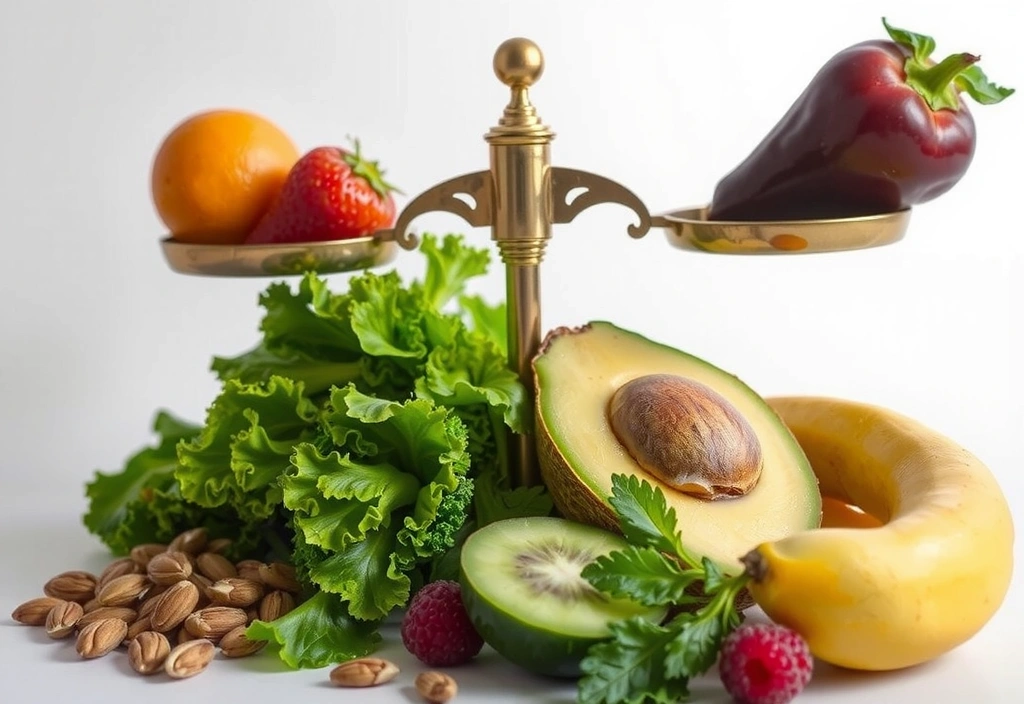 Eine ausgewogene Auswahl an gesunden Lebensmitteln wie frisches Obst, Gemüse, Nüsse und Samen, kunstvoll arrangiert um eine Waage, die Gleichgewicht symbolisiert.